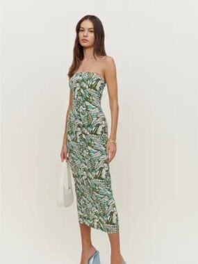 Reformation Olive Green Botanical-Print strapless Midi dress